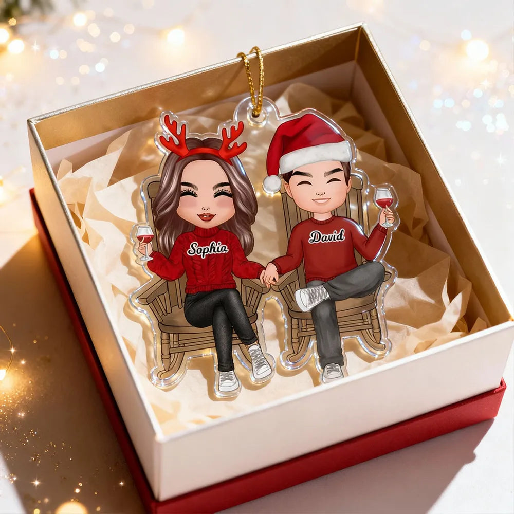 Personalized Couple Acrylic Car Hanger, Cute Sitting Together Christmas Mirror Decor, Unique Gift for Him or Her