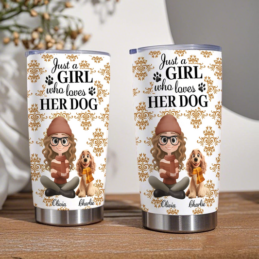 Personalized Insulated Travel Tumbler for Dog Lovers – Custom Girl & Pup Autumn Design, Keeps Drinks Hot or Cold, Unique Gift for Her