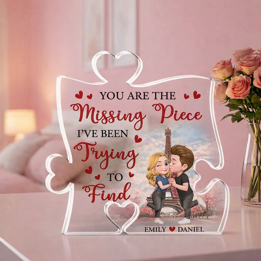 Personalized Puzzle Acrylic Block Plaque You Are The Missing Piece Cute Cartoon Couple Kissing, Unique Anniversary Gift