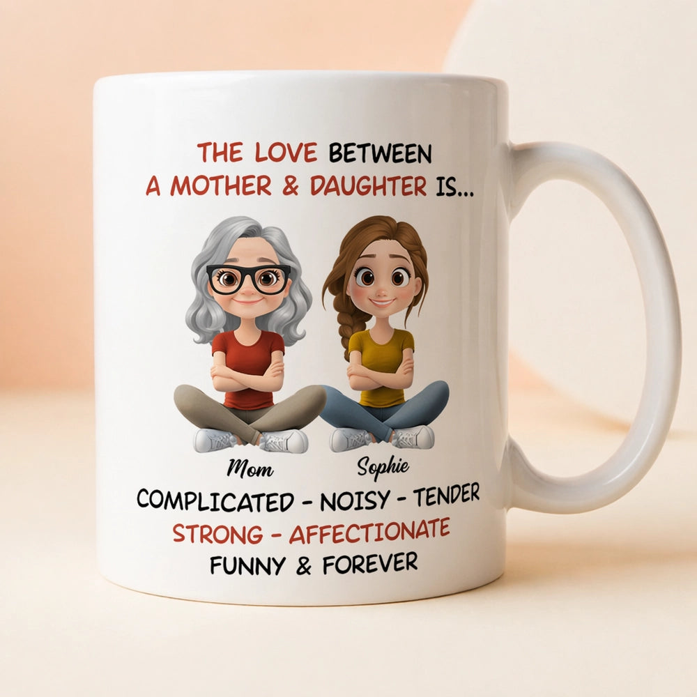 Personalized White Ceramic Mug Mother & Daughter Cute Cartoon Sitting Design - Unique Mother's Day Gift