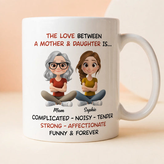 Personalized White Ceramic Mug Mother & Daughter Cute Cartoon Sitting Design - Unique Mother's Day Gift