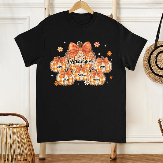 Grandma Pumpkin T-Shirt Personalized Family Names Autumn Theme Cozy Apparel Perfect Gift for Grandma