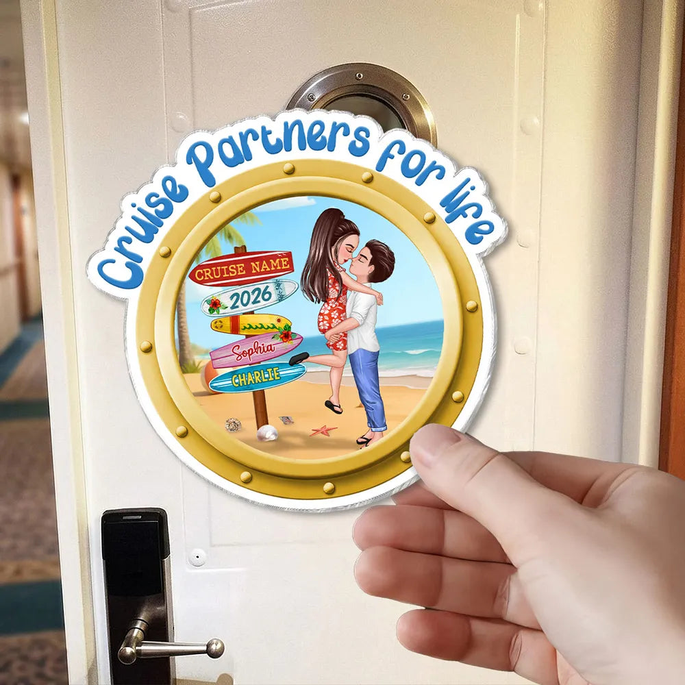 Personalized Cruise Partners For Life Acrylic Magnet, Couple Kissing on a Beach Porthole, Unique Cruise Door Gift
