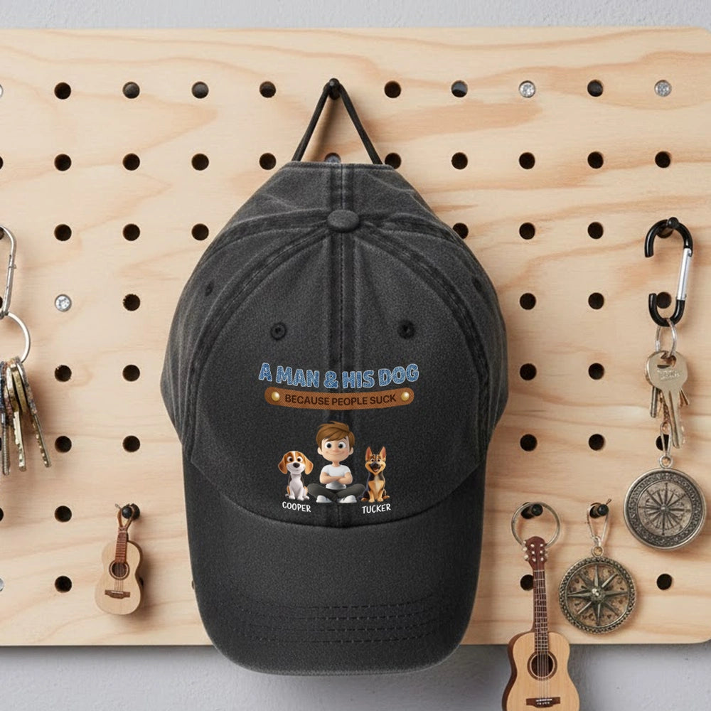 Personalized Washed Denim Baseball Cap for Dog & Cat Dads, Funny Cartoon Design, Casual Outdoor Wear, Unique Gift for Pet Lovers