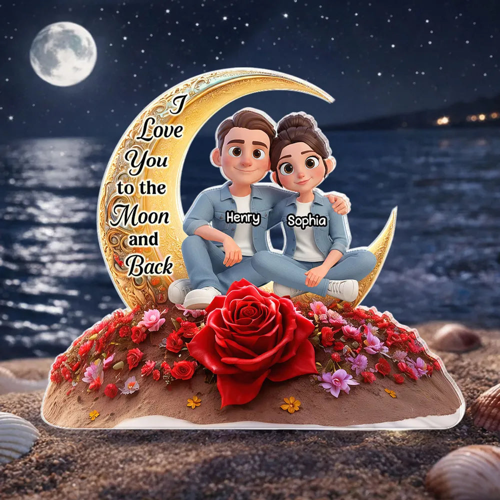 Personalized Shaped Acrylic Block Plaque Moon & Rose Couple Sitting by the Sea Unique Romantic Gift for Him or Her