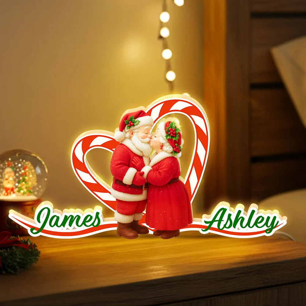 Personalized Acrylic Light Box - Santa Couple Kissing with Candy-Cane Heart, Warm Glow Holiday Decor, Unique Gift for Couples