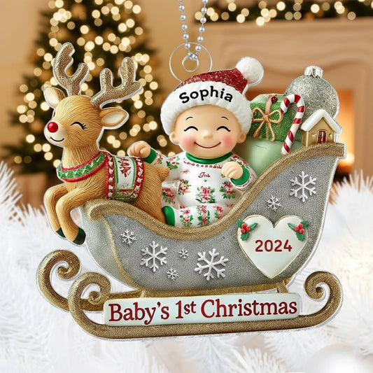 Baby’s 1st Christmas Acrylic Ornament – Adorable Reindeer Sleigh Design, Perfect Gift for Newborn Celebration