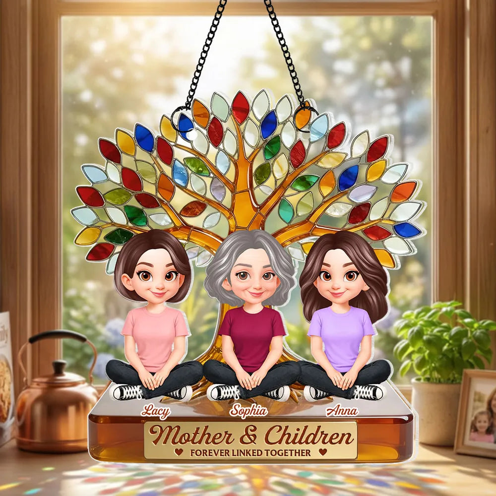 Personalized Acrylic Suncatcher Ornament for Mom, Mother and Children Under Colorful Tree, Unique Gift That Lights Up Any Window