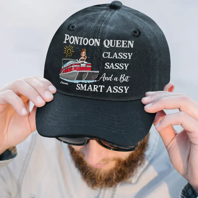 Pontoon Queen Classy Sassy Smart Assy Washed Denim Baseball Cap - Personalized Fun Boat-Day Cap, Easy Everyday Gift