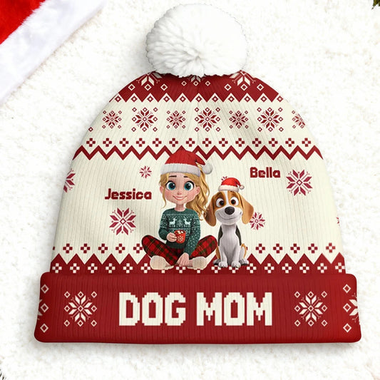 Personalized Bobble Beanie Hat for Dog Mom with Cartoon Woman & Pup – Cozy Christmas Style, Unique Gift for Pet Lovers