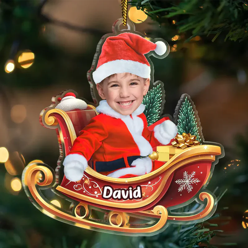 Personalized Baby Santa Acrylic Ornament in Sleigh – Custom Photo Christmas Ornament, Festive Tree Decor & Unique Holiday Gift