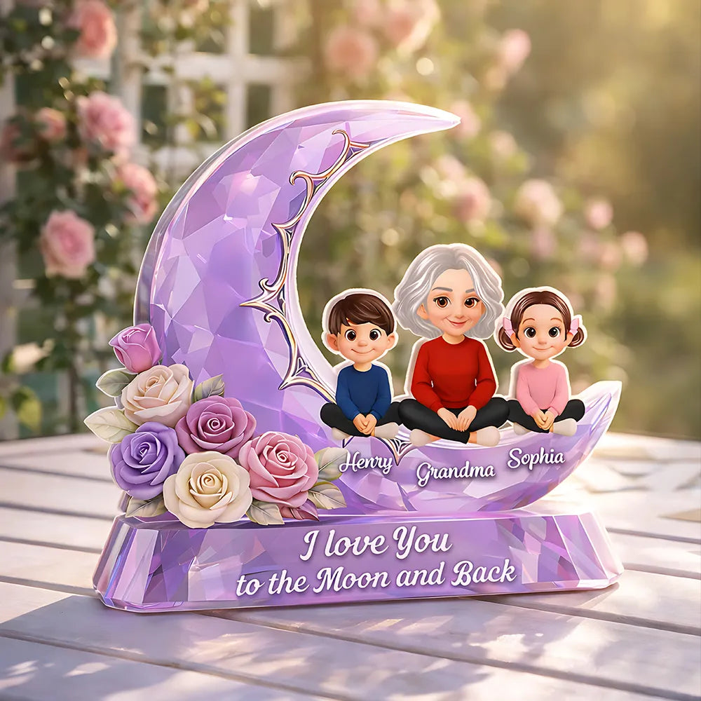 Personalized Shaped Acrylic Block Plaque with Grandma and Grandkids on a Purple Moon, Unique Gift for Grandma, I Love You to the Moon and Back