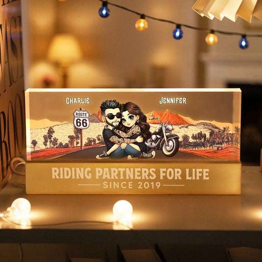Personalized Block LED Light Plaque for Biker Couple Hugging by Route 66 Sunset Unique Romantic Gift for Him or Her