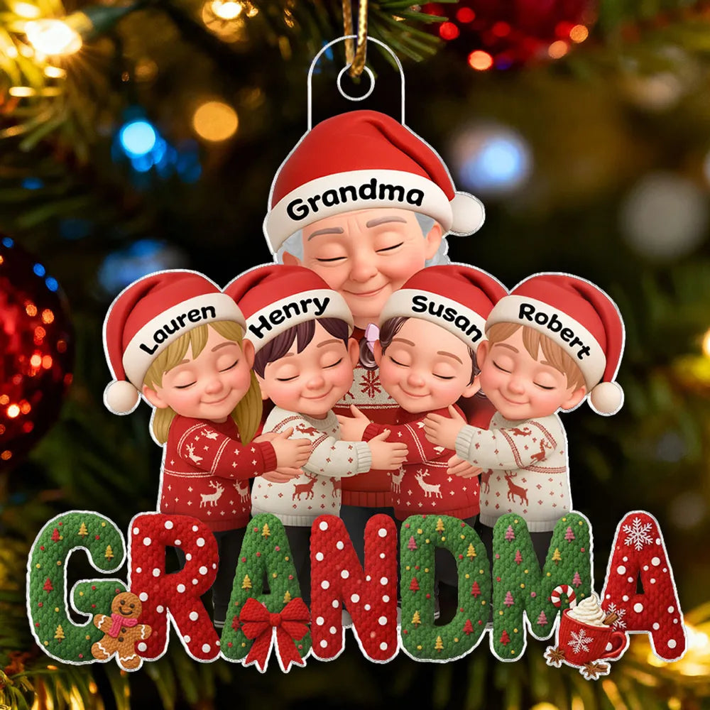 Grandma & Grandkids Acrylic Ornament, Santa Hats Hugging Design, Christmas Tree Decor, a unique gift for Grandma