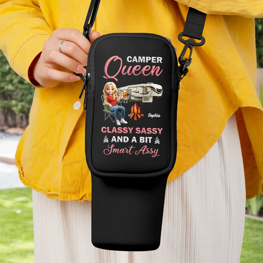 Water Bottle Carrier Bag – CAMPER Queen, “Classy Sassy and a Bit Smart Assy” Gift for Self, Girlfriend, or Daughter