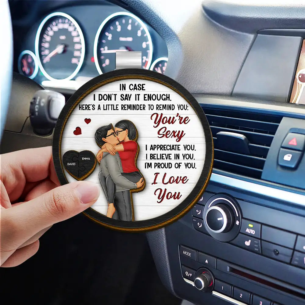 Wooden Car Visor Clip with Romantic Hug Illustration, Heartfelt Words of Love, Perfect Gift for Couples