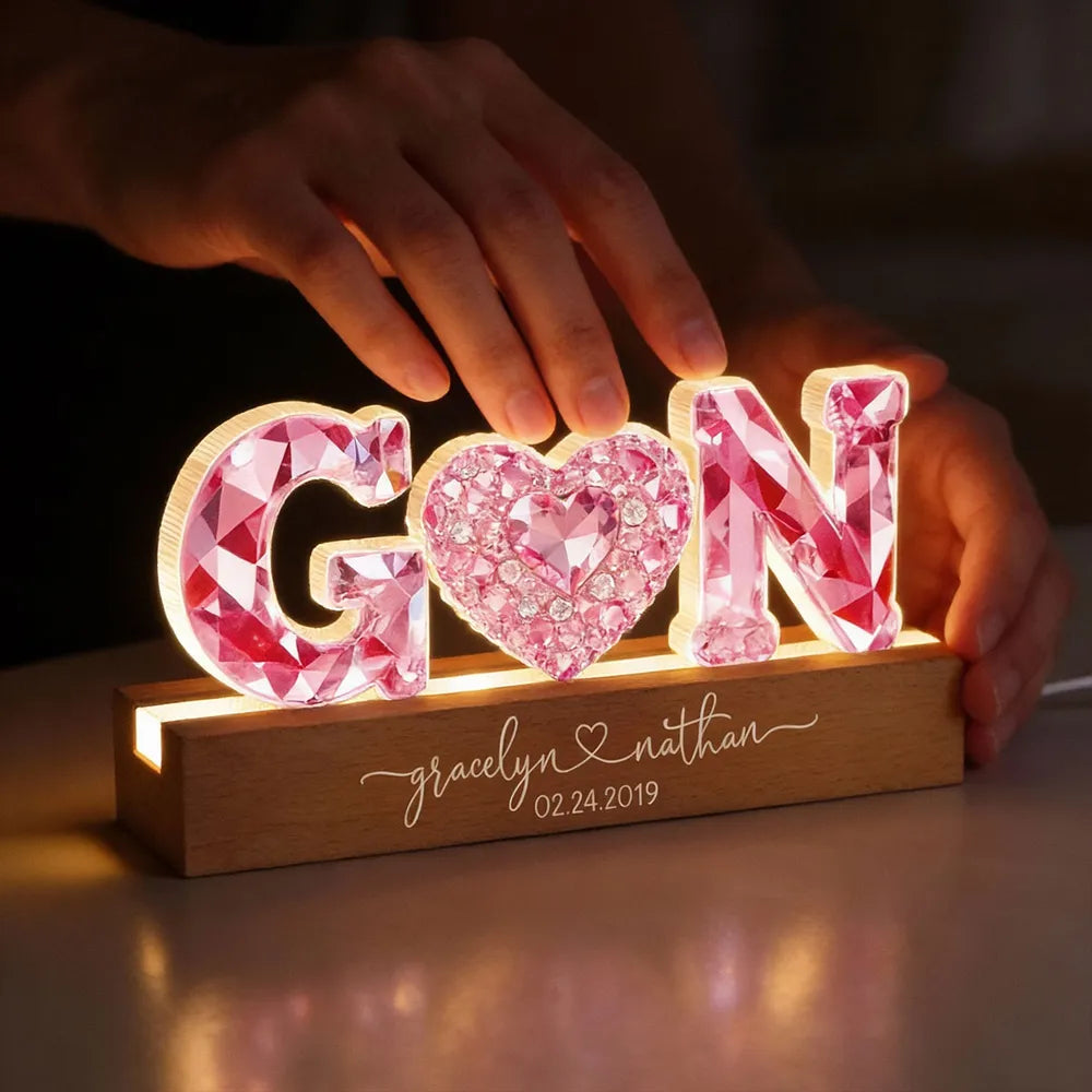 Personalized Shaped Acrylic Block LED Plaque With Initials & Heart, Romantic Nightstand Decor, Unique Gift for Couples
