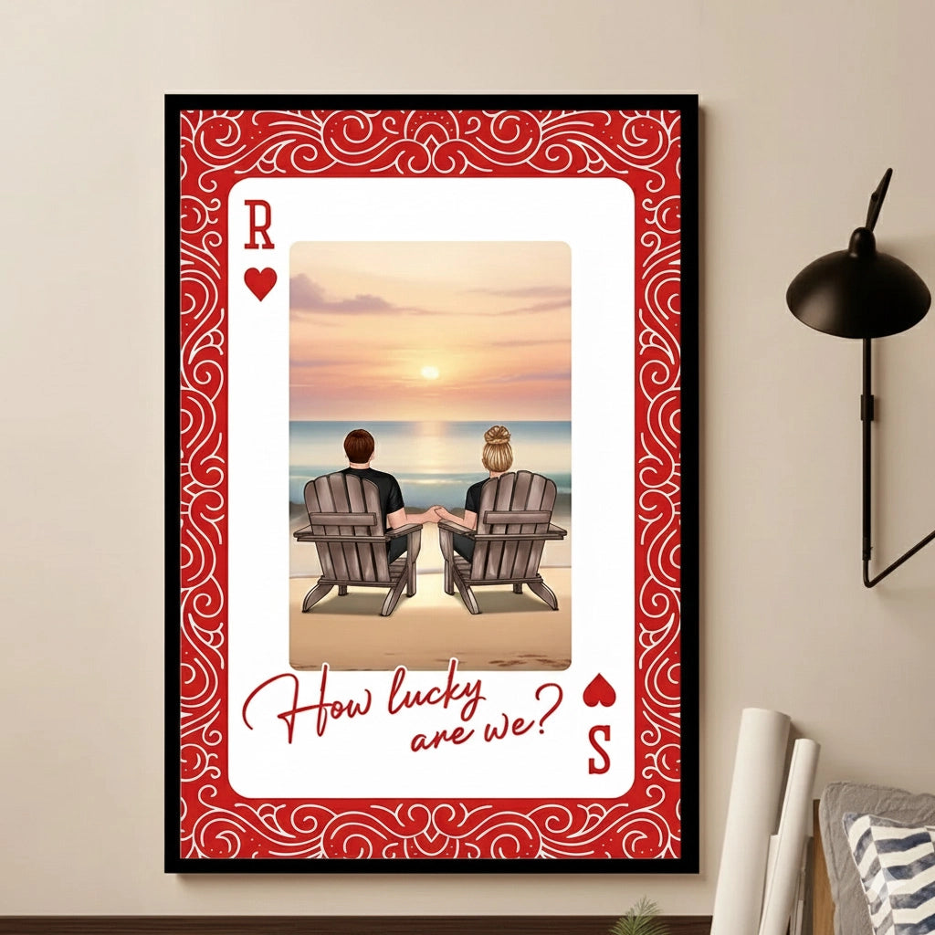 How Lucky Are We Poster, Personalized Couple Beach Sunset Wall Art, Romantic Gift For Couples And New Home Decor