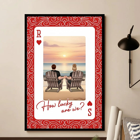 How Lucky Are We Poster, Personalized Couple Beach Sunset Wall Art, Romantic Gift For Couples And New Home Decor