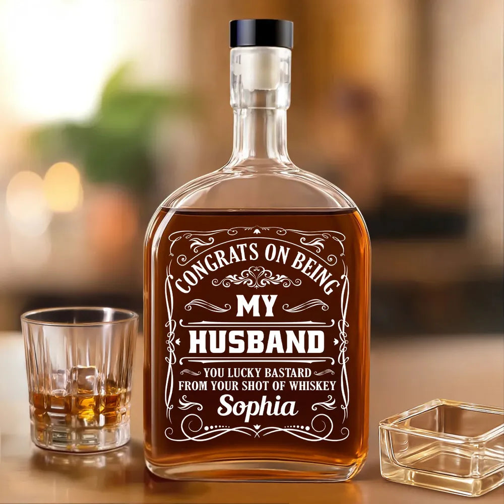 Whiskey Glass Spirits Decanter with Funny Engraved Design, Unique Gift for Husband