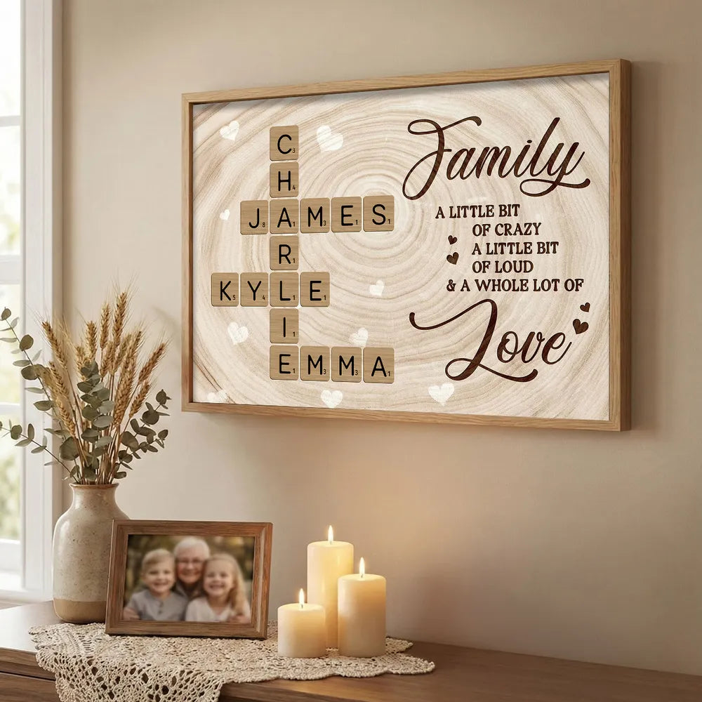 Personalized Family Crossword Poster Wall Art, Rustic Wood Look, Unique Gift for Mom for a Whole Lot of Love