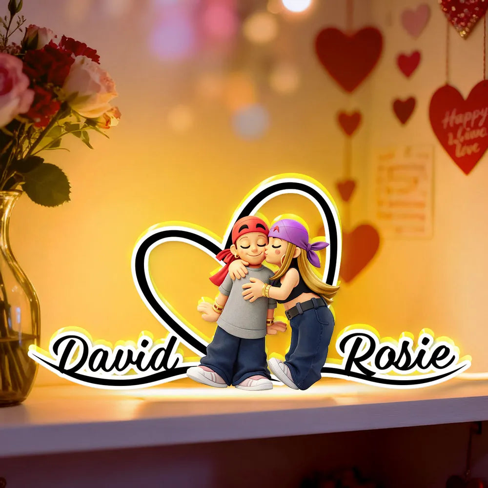 Personalized Acrylic Light Box Y2K Cartoon Couple Kissing Nightstand Decor, Warm Glow Unique Gift for Him or Her