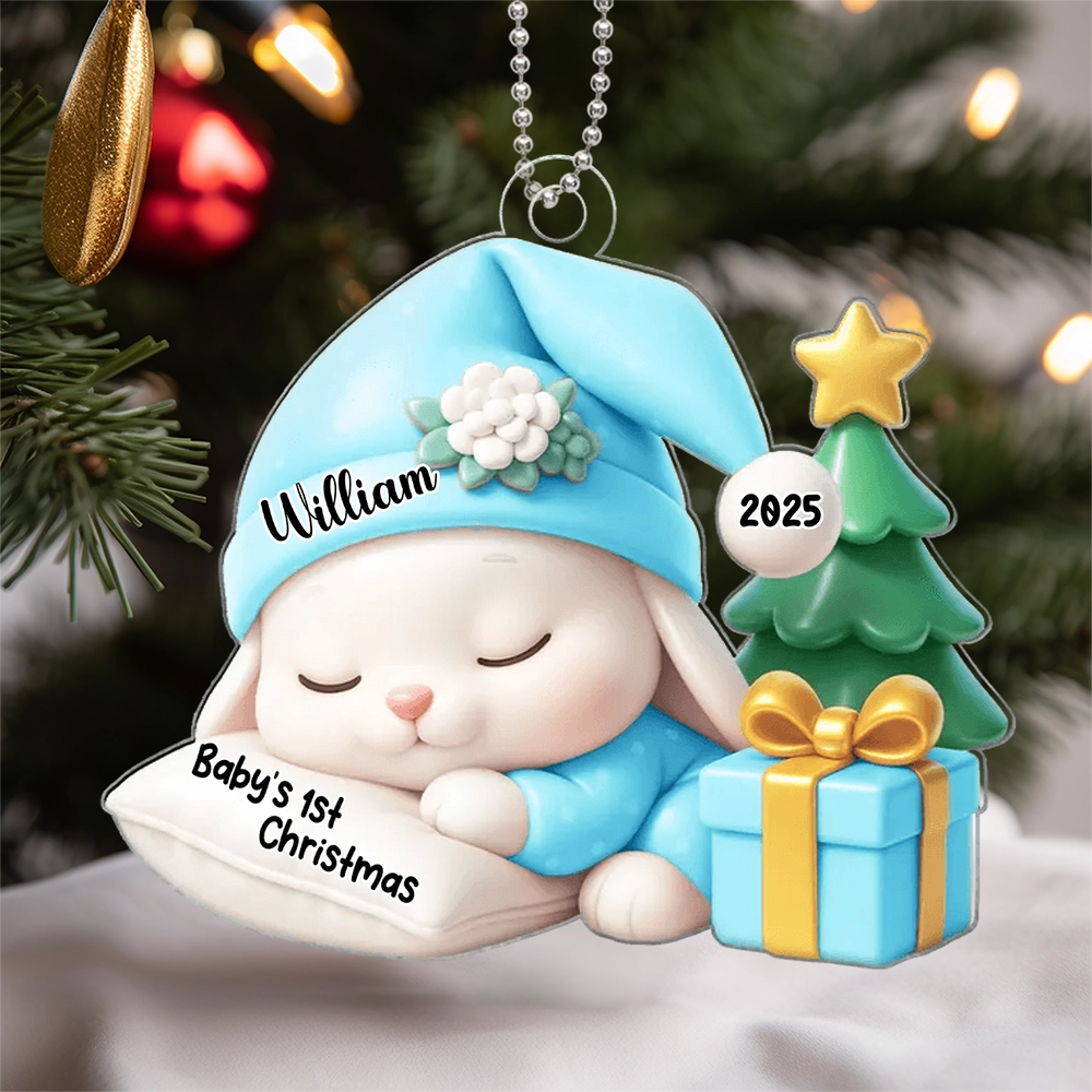 Acrylic Ornament for Baby’s First Christmas – sleeping bunny with tree and gift, pastel blue, gift-ready keepsake for new parents