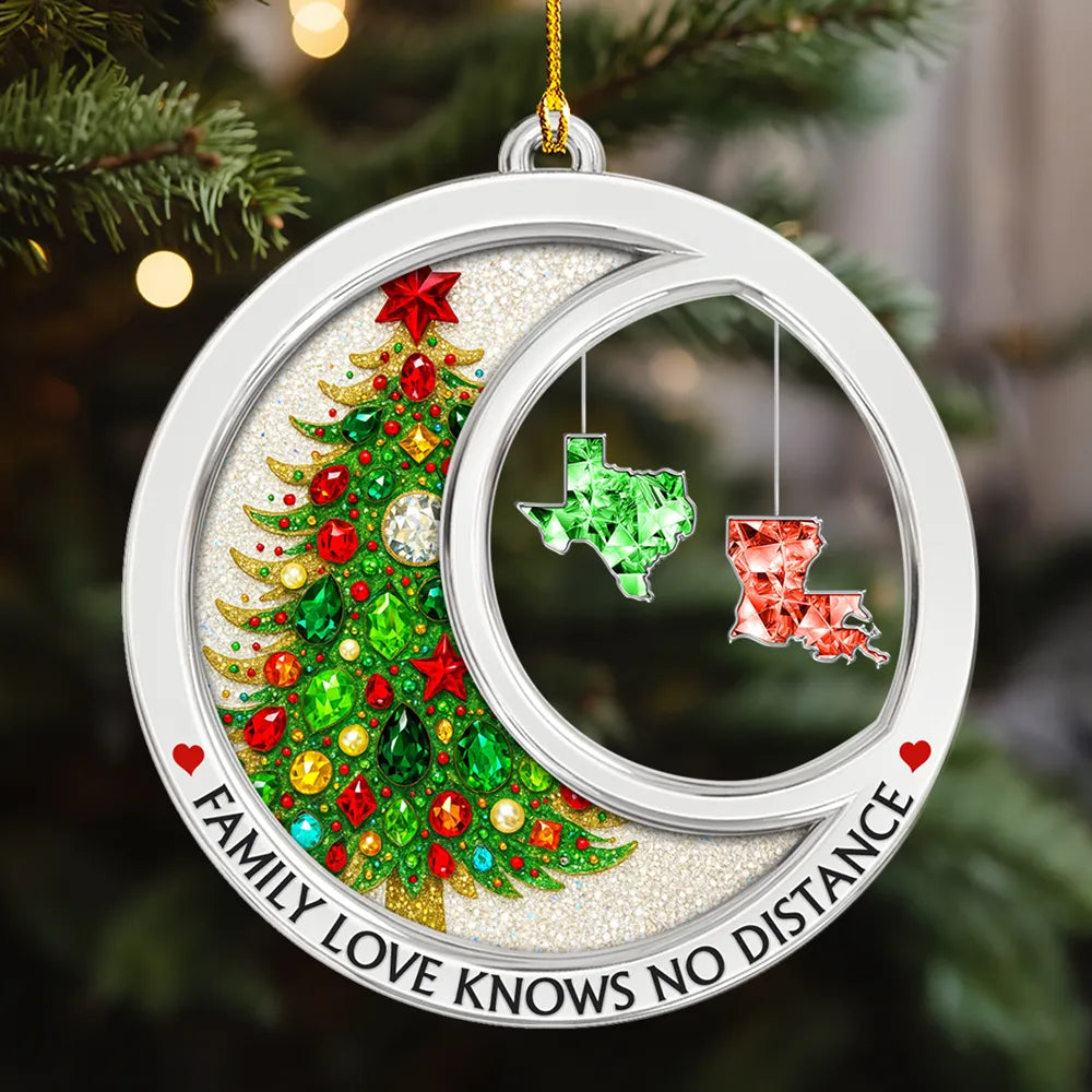 Personalized Acrylic Ornament with Gemstone Christmas Tree & States – Family Love Knows No Distance, Unique Holiday Gift