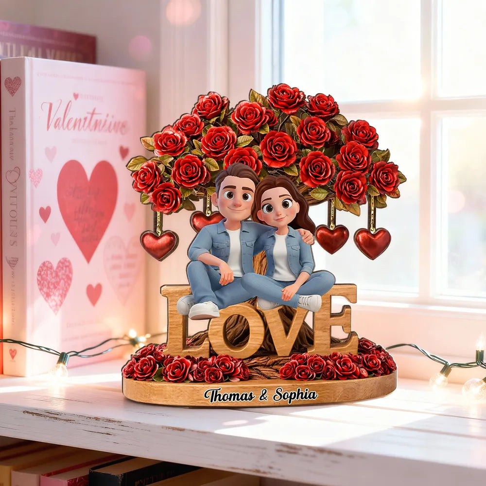 Personalized 2-Layer Wooden Plaque Couple on LOVE Bench with Rose Tree and Hearts, Unique Valentine's Day Gift