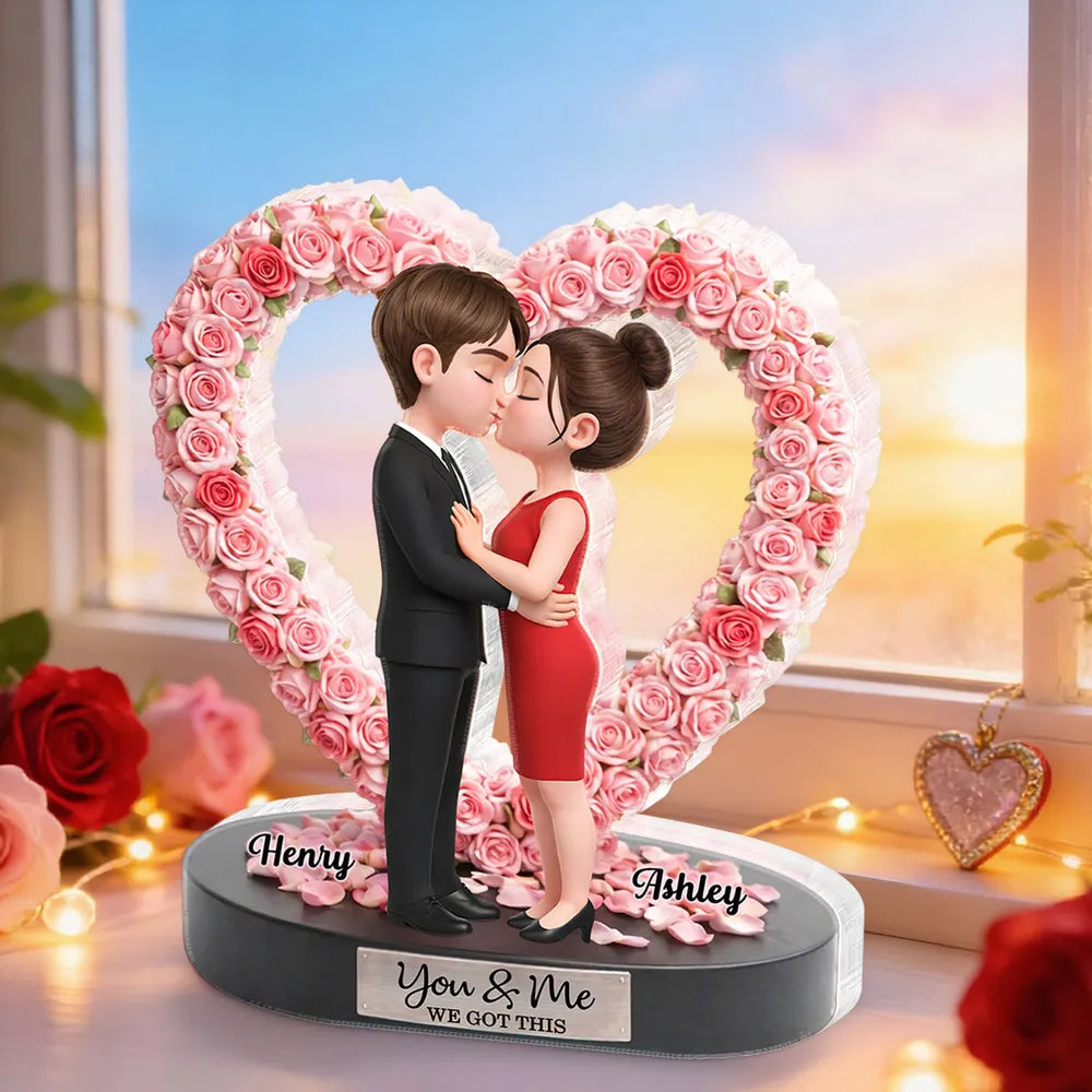 Personalized Shaped Acrylic Block Plaque, Kissing Couple in Rose Heart, Romantic Keepsake Decor, Unique Gift for Wife or Girlfriend