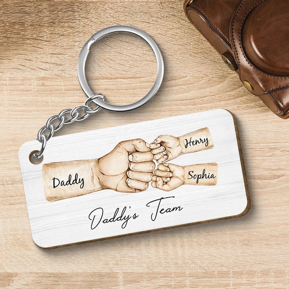 “Daddy's Dream Team” - Personalized Fist Bump Acrylic Or Wooden Keychain- Ideal Father's Day Gift