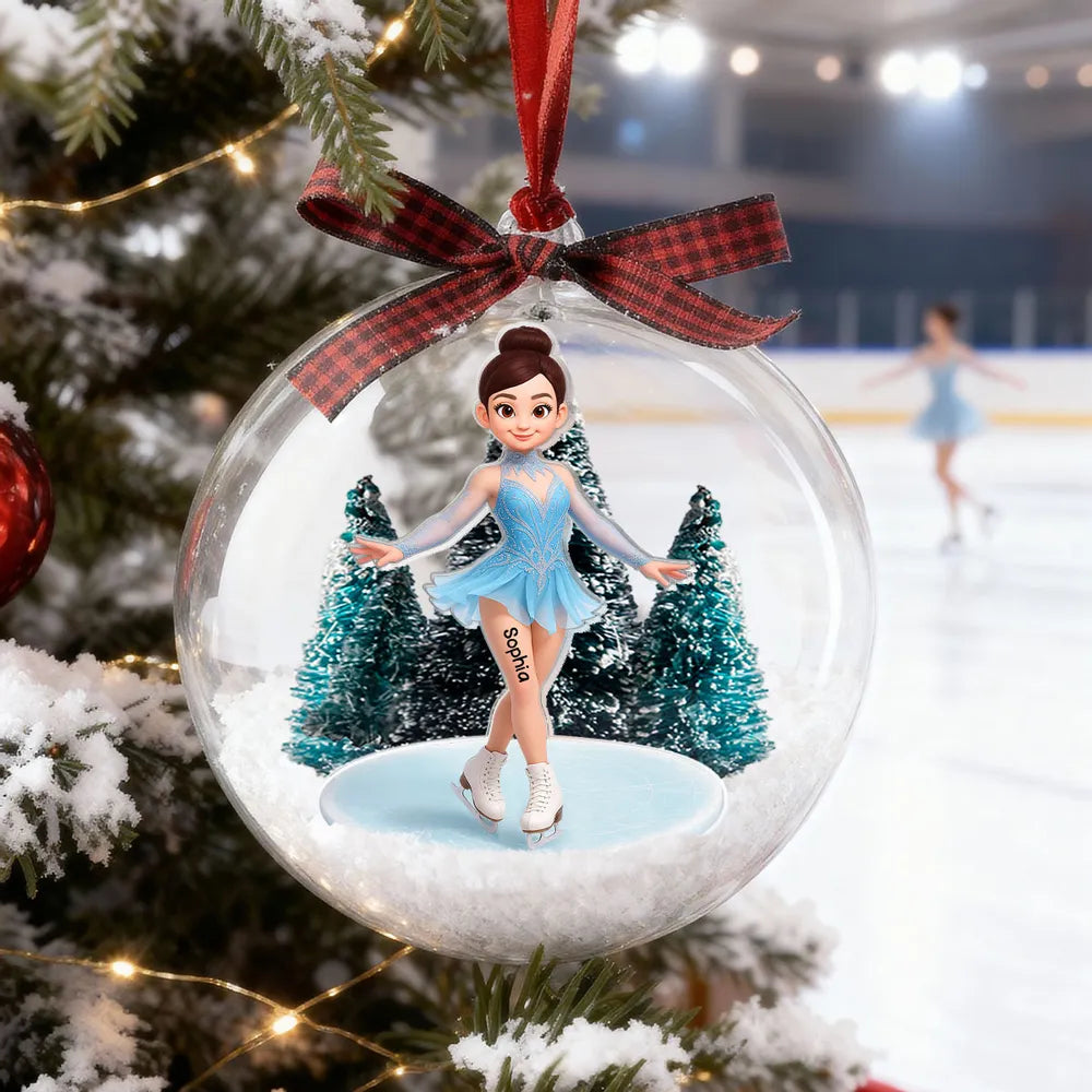 Snow Globe Ornament with 3D Christmas Trees & Figure Skater - Unique Gift for Daughters or Granddaughters