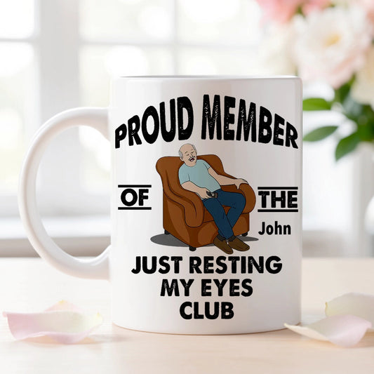 Ceramic Mug with Custom Name Funny Sleeping in Chair Cartoon Office Coffee Gift for Him - Just Resting My Eyes