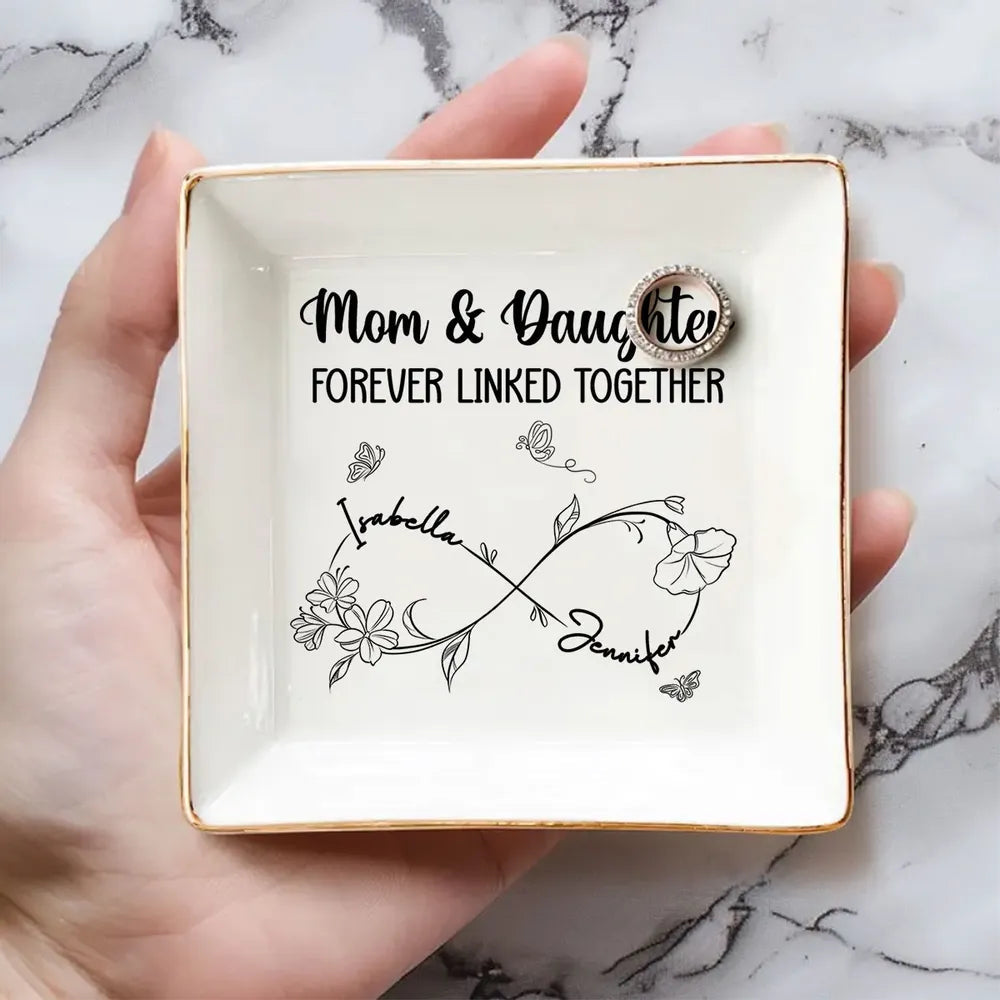 Personalized Mom & Daughter Forever Linked Together Jewelry Dish, Floral Infinity Vanity Decor, Unique Gift for Mom