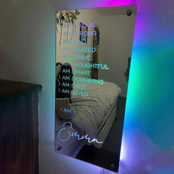 Personalized Affirmations Mirror - Light Colorful - Bedroom Lamp - Custom Text And Name