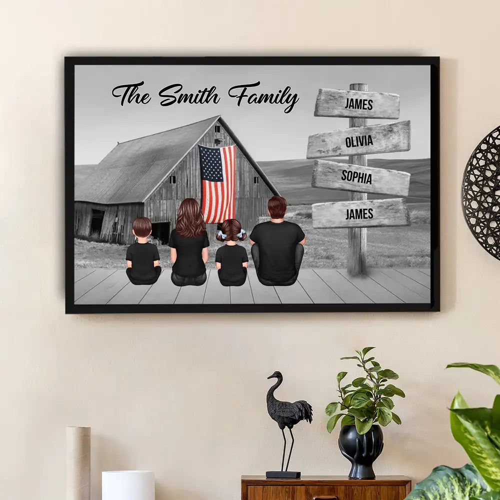 Names on Signpost Family Canvas – Sitting Together Poster with Barn Background – Gift For Family, Dad, Mom