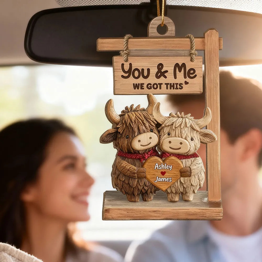 Wooden Ornament with Sweet You & Me Message, Cute Cow Couple Holding Heart, Personalized Holiday Decor Gift