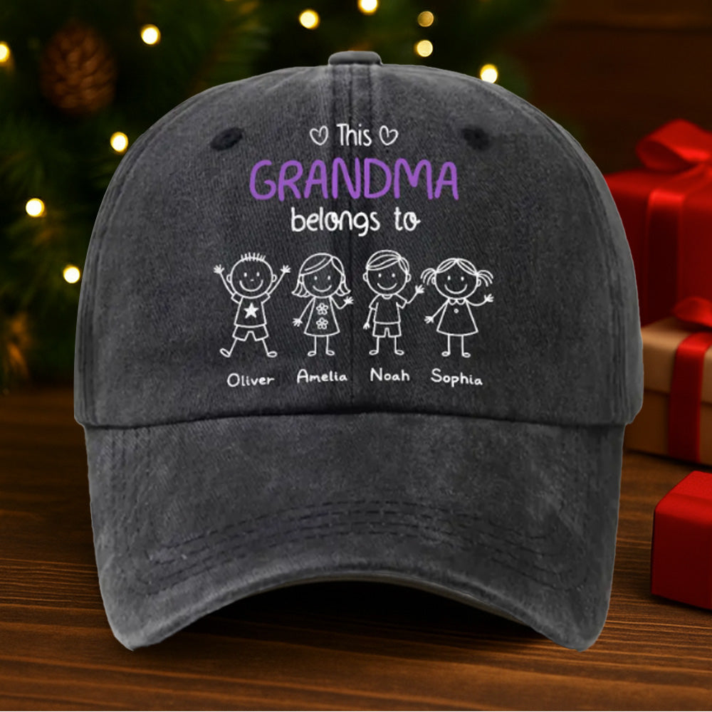 Washed Denim Baseball Cap - 'This Grandma Belongs To' Personalized, Hand-Drawn Stick Kids, Unique Gift for Grandma