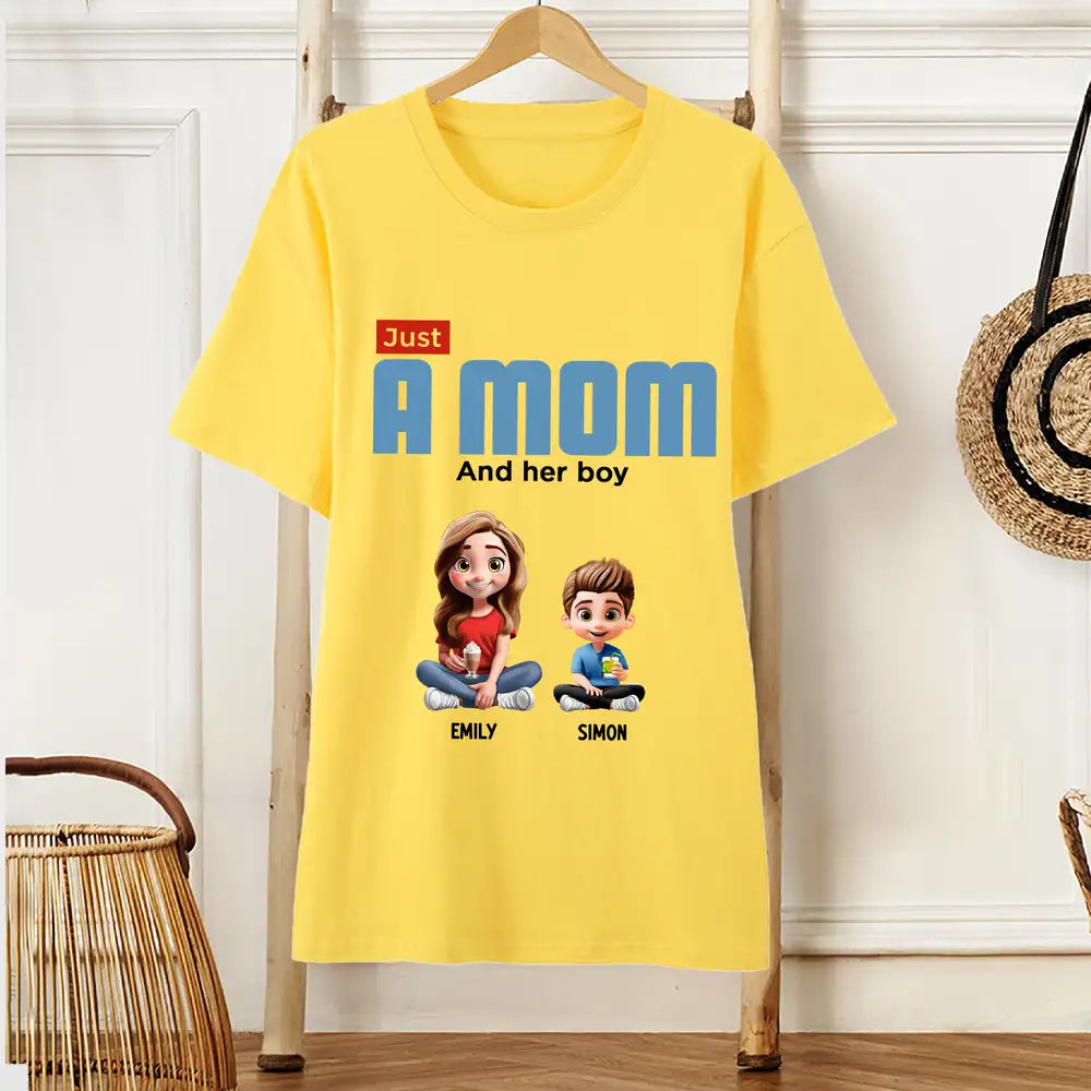 Custom Just a Mom and Her Kids – Cute Sitting Pose – Tee, Sweatshirt, Hoodie – Mother's Day & Birthday Gift