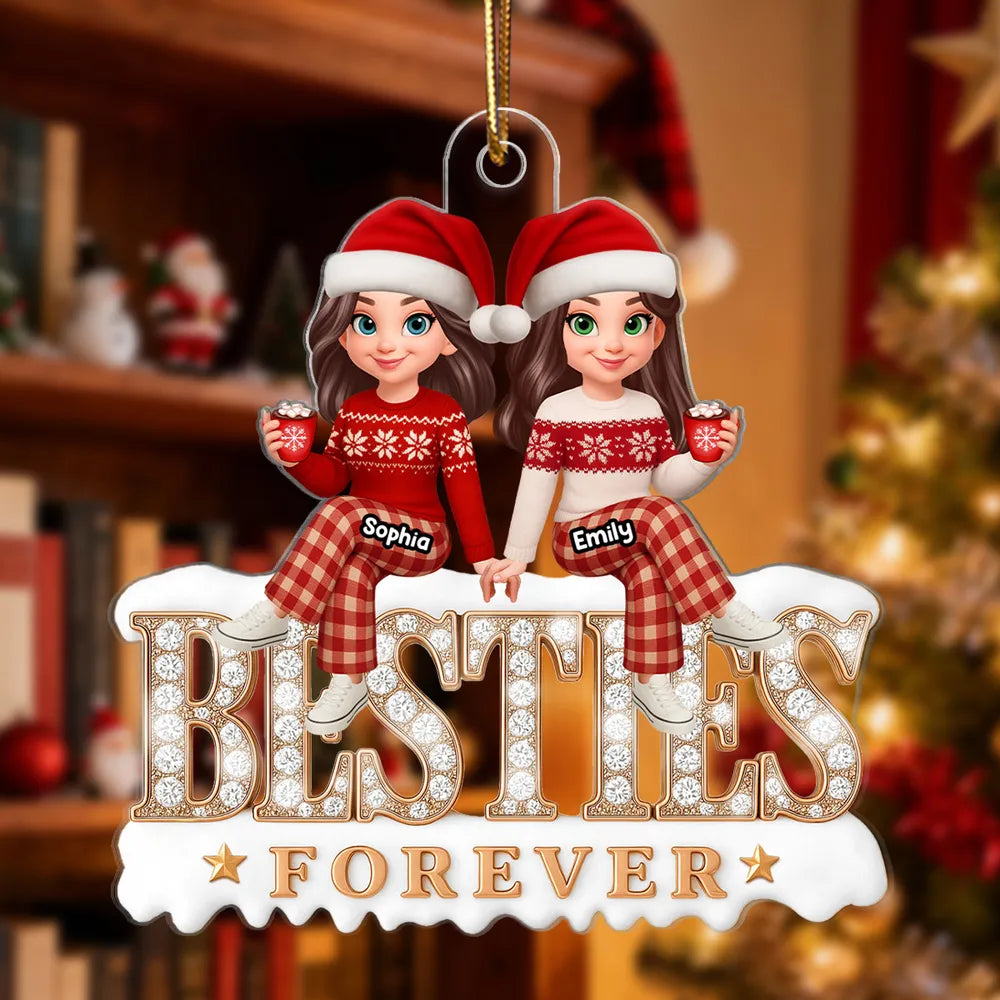 Acrylic Ornament - Besties Forever, cute cartoon friends in Santa hats holding hands, cozy tree decor, unique gift for best friend