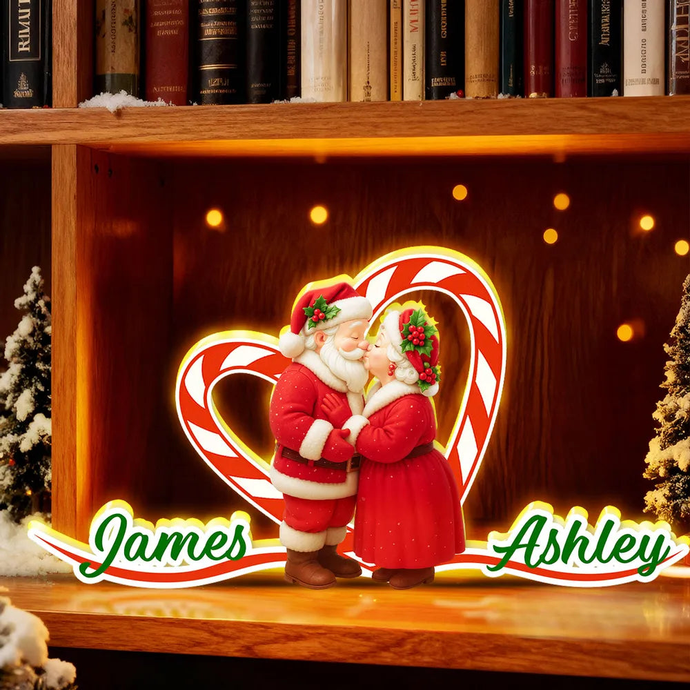 Personalized Acrylic Light Box - Santa Couple Kissing with Candy-Cane Heart, Warm Glow Holiday Decor, Unique Gift for Couples