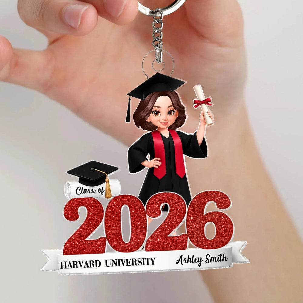 Graduation Acrylic Ornament, red glitter design with cap & diploma, celebrate achievement, perfect graduation gift keepsake