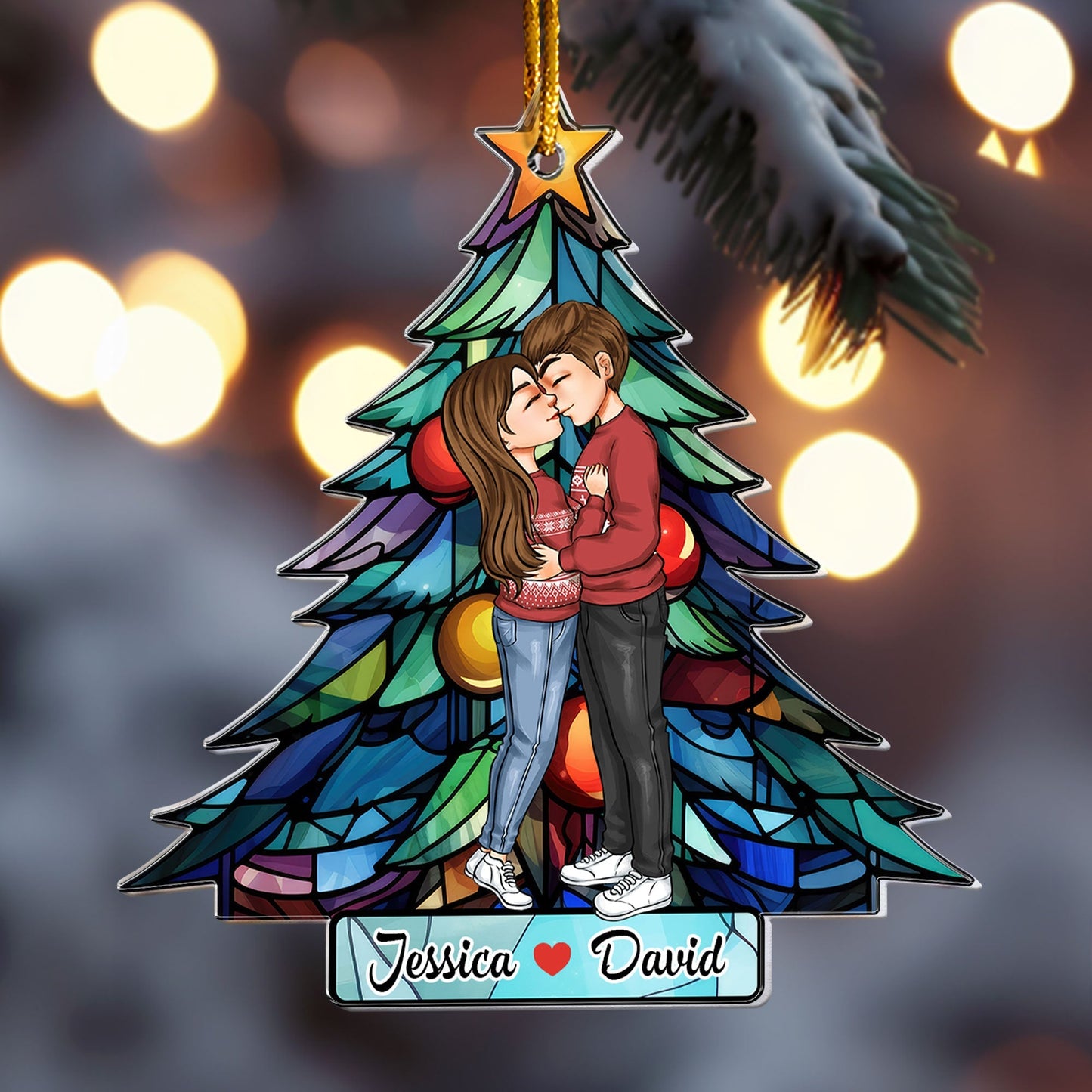 Acrylic Ornament with stained-glass style Christmas tree, hugging couple theme—easy to hang, festive décor and a perfect gift for partners