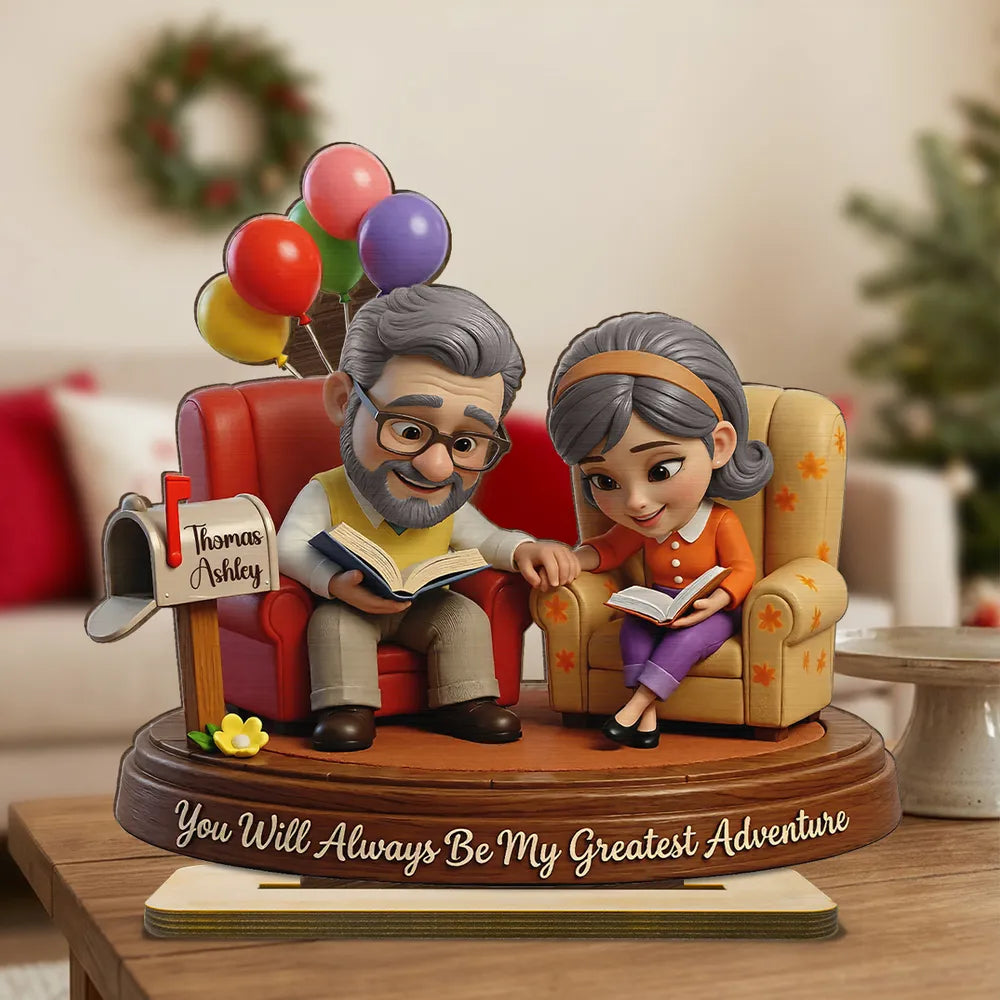 Personalized 2-Layer Wooden Plaque Reading Couple Scene With Greatest Adventure Quote - Unique Anniversary Gift For Husband Or Wife