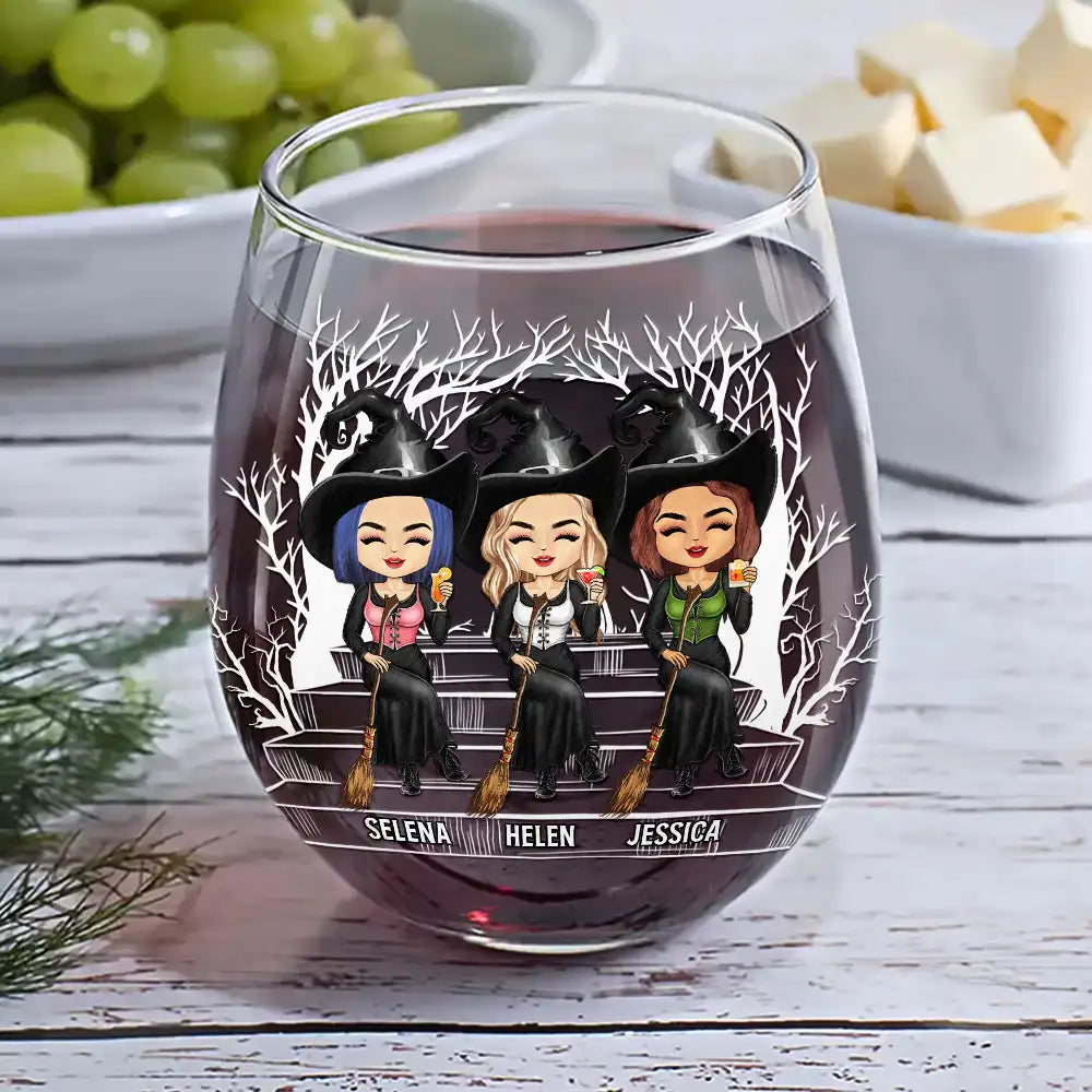 Drink Up Witches Halloween Wine Glass – Custom Witch Sisters Sitting on Bench – Spooky Gift for Best Friends or Sisters