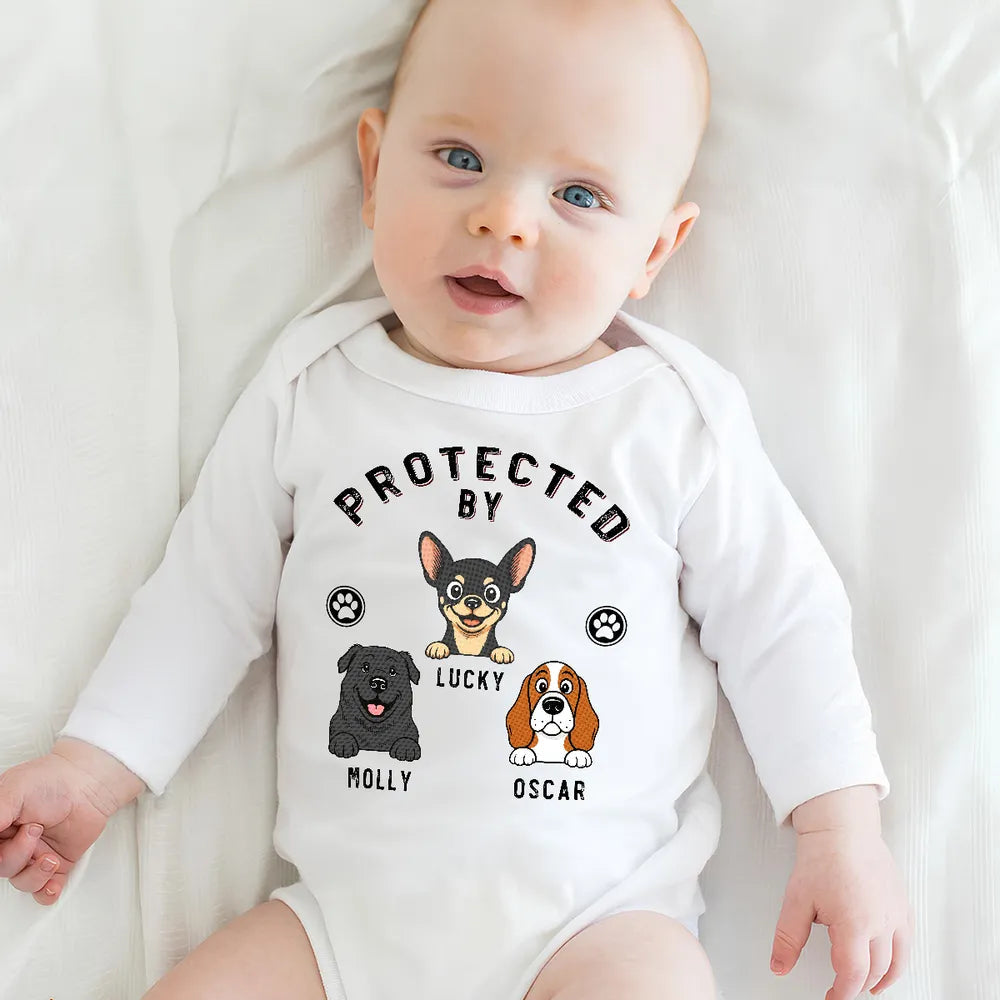 Personalized Protected By Dog Long Sleeve Baby Onesie Cute Cartoon Pup & Paw Prints Unique Baby Gift