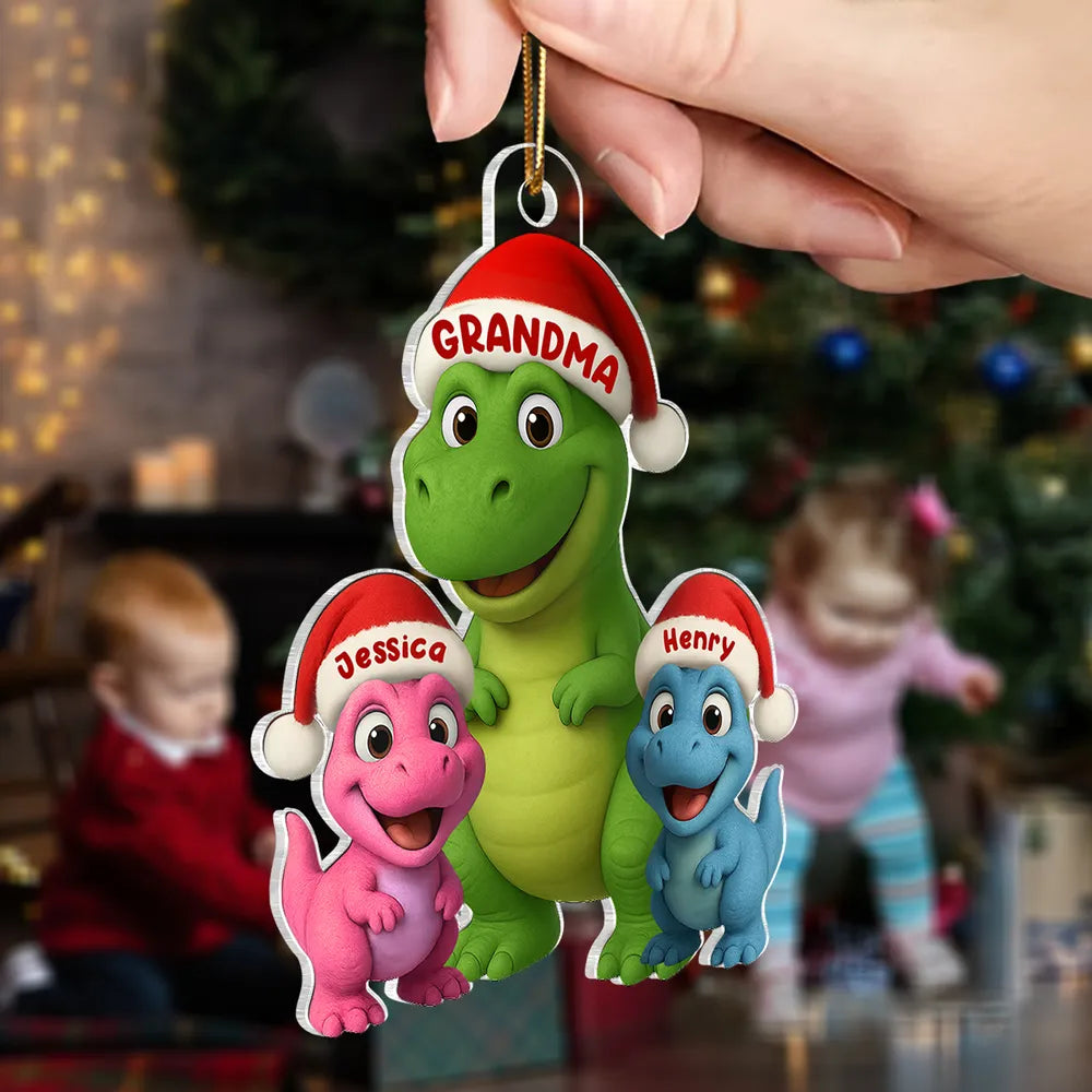 Christmas Grandma & Grandkids Dinosaur Acrylic Ornament – Adorable Family Keepsake, Perfect Gift for Grandparents