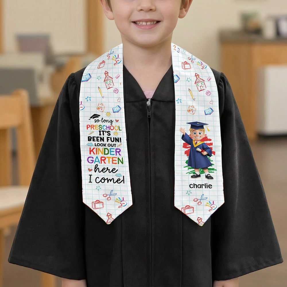 Personalized Preschool Graduation Polyester Satin Stole with Cute Cap Cartoon, Unique Gift for Pre-K to Kindergarten Memories