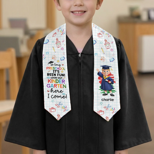 Personalized Preschool Graduation Polyester Satin Stole with Cute Cap Cartoon, Unique Gift for Pre-K to Kindergarten Memories