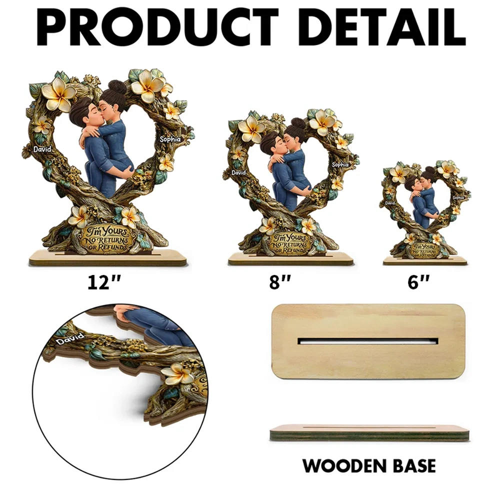 Personalized Kissing Couple Wooden Plaque - Romantic Floral Heart Gift for Anniversary